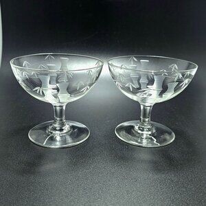 2 Sasaki Bamboo Low Coupe Glasses 3" cut glass cocktail party 1950s vtg Japan 4o
